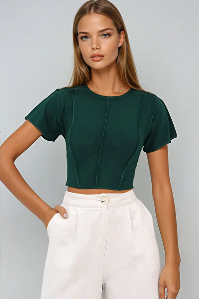 VAGGON Γυναικεία Πράσινη Πλήρης Λαιμόκοψη Μπλούζα με ραμμένη μπροστινή άμμο Prmx11782