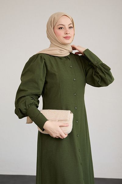 InStyle فستان تريكو كاكي بأزرار