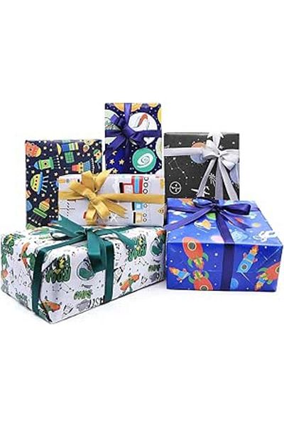 COOYA Kids Alien Outer Space Dinosaur Gift Wrapping Paper Set, 12 Sheets with Ribbons & Stickers