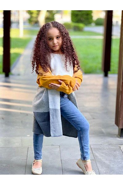 Hilal Akıncı Kids Girl's Written Knitwear Cardigan Crop Sweater Jeans Trousers 3-Piece Set