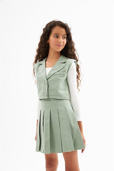 Hilal Akıncı Kids Vestă căptușită cu nasturi acoperite cu țesătură pentru fet...