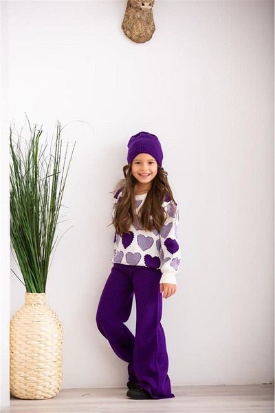 Hilal Akıncı Kids Girl's Heart Model Bead Detailed Sweater Knitwear Trousers Beret 3-Piece Set