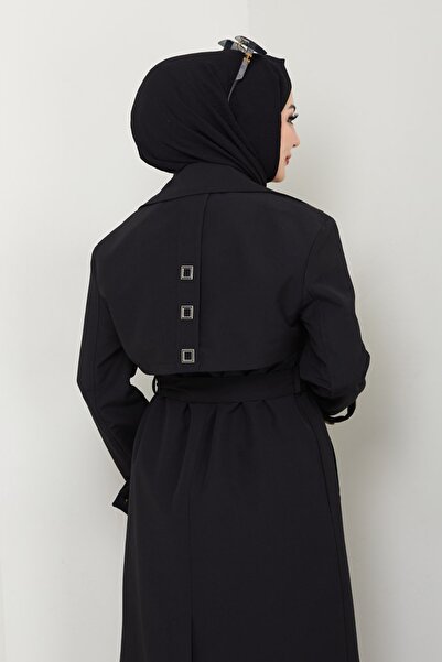 InStyle Taşlı Toka Detaylı Astarlı Siyah Trençkot