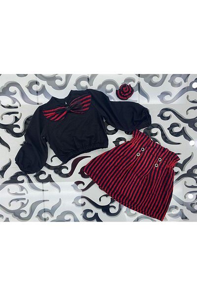 Hilal Akıncı Kids Girl's Black Blouse Striped Skirt Buckle 3-Piece Set