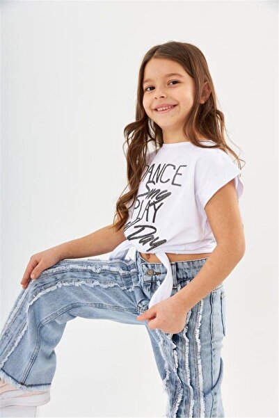 Hilal Akıncı Kids Κοριτσίστικο χορευτικό γραπτό δεμένο μπλε τζιν παντελόνι 2 τεμαχίων