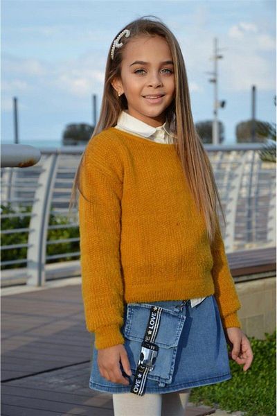 Hilal Akıncı Kids Girl's Crew Neck Knitwear Sweater White Shirt Pocket Denim Skirt Triple Set