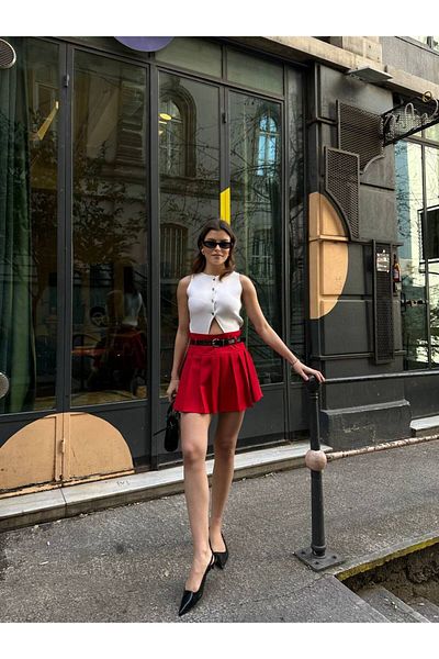 VESS MODA Women's Premium Quality Shorts Lined Belted Full Pleated Mini Skirt