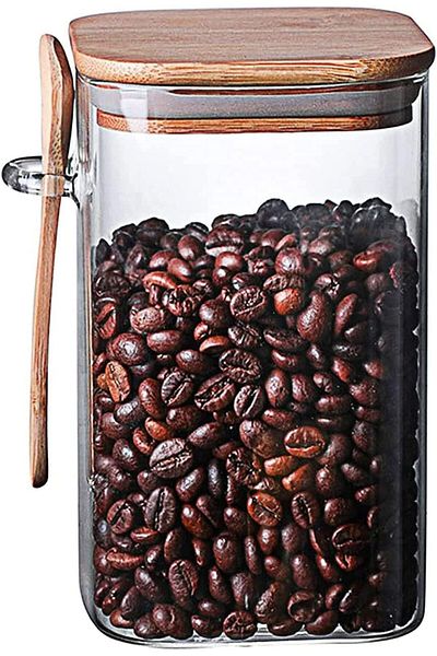 AKDC 1000ml Square Glass Storage Jar with Wooden Lid & Spoon – [1 Piece]