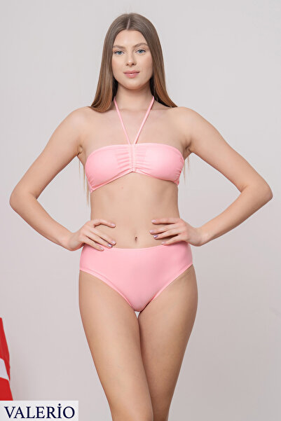 valerio Toz Pembe Boyundan Bağlamalı Straplez Yüksek Bel Bikini Takımı