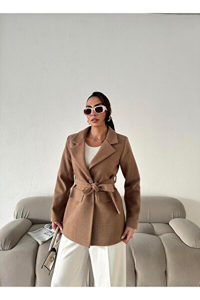 Maldia Shop Women's Double Breasted Collar Belted Stitching Fabric Mink Coat Jacket