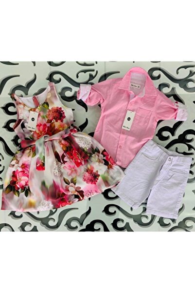 Hilal Akıncı Kids Kız Erkek Kombin Renkli Gömlek Beyaz Şort 2'li Takım