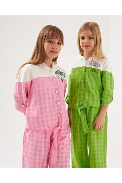 Hilal Akıncı Kids Set de 2 piese pentru fetiță, cu nasturi perle, broderie, cămașă cu cravată în față