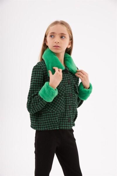 Hilal Akıncı Kids Girl's Fur Collar Chanel Fabric Crop Jacket Black Flared Le...