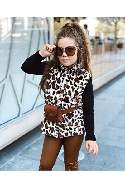Hilal Akıncı Kids Kız Çocuk Leopar Model Peluş Yelek Siyah Badi Içi Kadife Likralı Tayt Bel Çantası 4'lü Takım