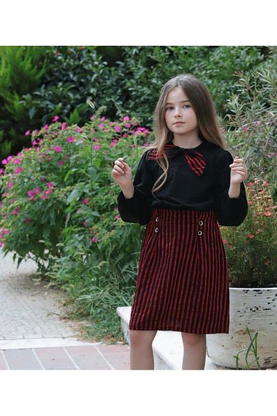 Hilal Akıncı Kids Girl's Black Blouse Striped Skirt Buckle 3-Piece Set