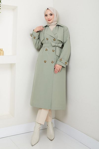 InStyle Lined Mint Green Trench Coat with Stone Buckle Detail