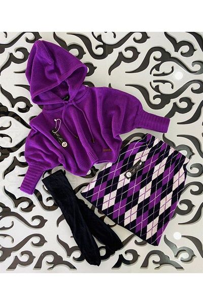 Hilal Akıncı Kids Girl's Bat Sleeve Knitwear Sweater Argyle Patterned Skirt Set of 2