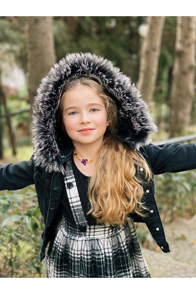 Hilal Akıncı Kids Black Sheepskin Denim Jacket and Red Salopet Skirt for Girl - Lumberjack Fabric 3-Piece Set