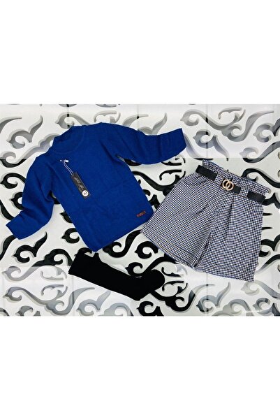 Hilal Akıncı Kids Tricotaj pentru fete Pulover Houndstooth Model Pantaloni scurți Curea Sosete negre Set de 4