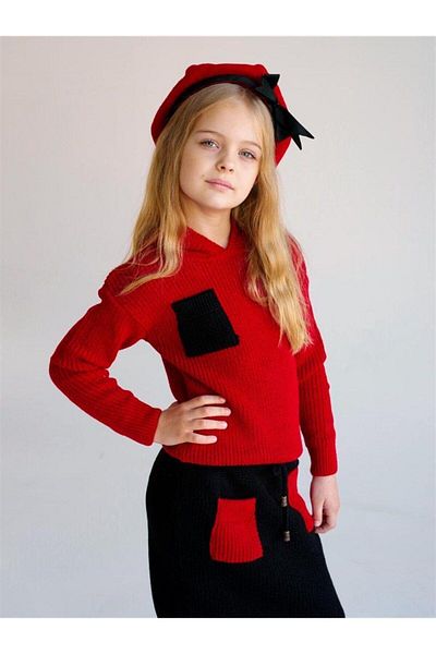 Hilal Akıncı Kids Girl's Hooded Knitwear Sweatshirt Colorful Pocket Skirt 3 Piece Set