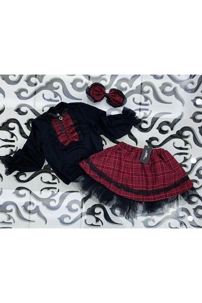 Hilal Akıncı Kids Girl's Piece Detailed Black Blouse Plaid Patterned Skirt Buckle 3-Piece Set