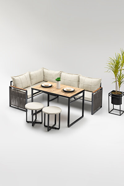 Wood House MOTTO (MASA VE PUFLU) KÖŞE TAKIMI BEJ-ANTRASİT (BALKON-BAHÇE-MUTFAK)