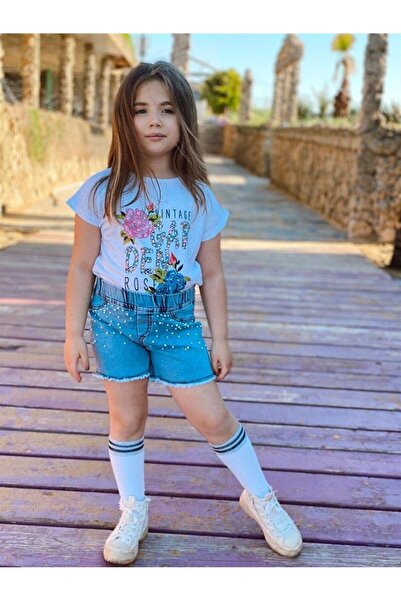 Hilal Akıncı Kids Set de două piese pentru fete, model de grădină, tricou cu buline, pantaloni scurți din denim perlat