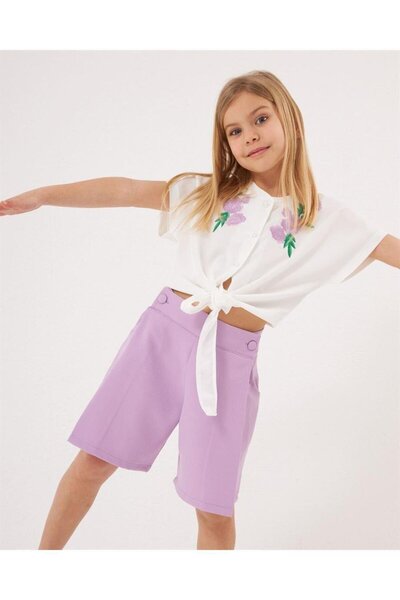 Hilal Akıncı Kids Set de 2 piese pentru fete, cu broderie, cămașă albă cu buzunare, cu cravată în față