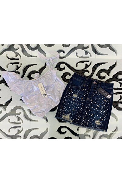 Hilal Akıncı Kids Bluză cu un singur umăr cu puncte argintii pentru fete, cu detaliu de piatră, fustă din denim Set dublu