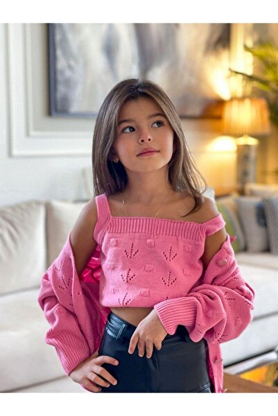 Hilal Akıncı Kids Girl's Buttoned Cardigan Knitwear Crop Leather Wide Leg Trousers 3-Piece Set