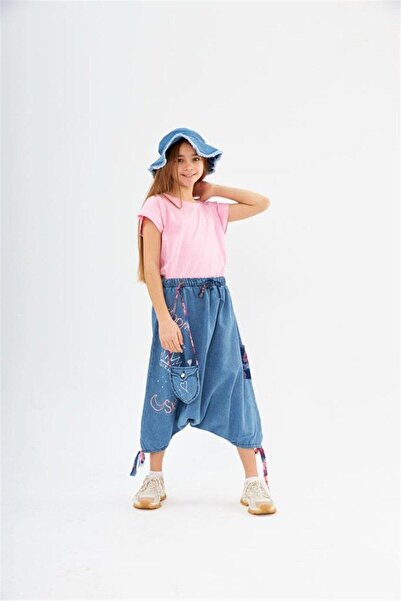 Hilal Akıncı Kids Tricou de culoare solidă pentru fete, blugi cu buzunar, geantă largi, pălărie, set de 4