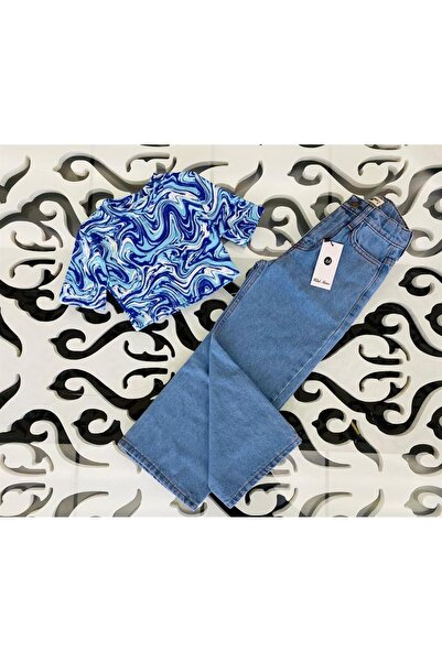 Hilal Akıncı Kids Дівчачий короткий рукав з малюнком Боді Широкі штани з джинсової тканини 2-х частинний комплект