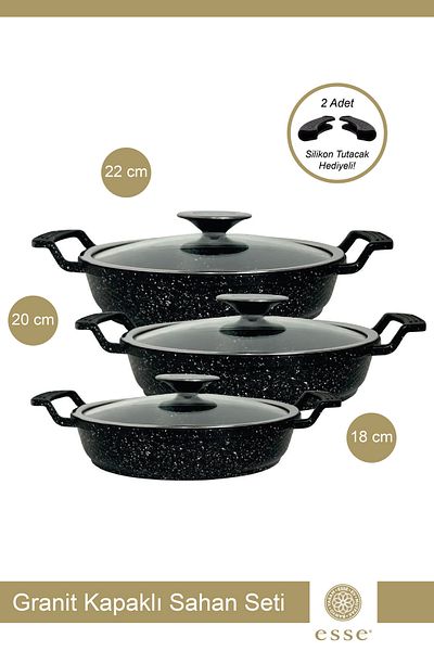Esse 18 - 20 - 22 Cm 3-Piece Black Sahan Set - With Granite Casting and Glass Lid E400
