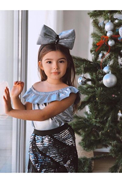 Hilal Akıncı Kids Girl's Gray Blouse Fringed Skirt Crown Set