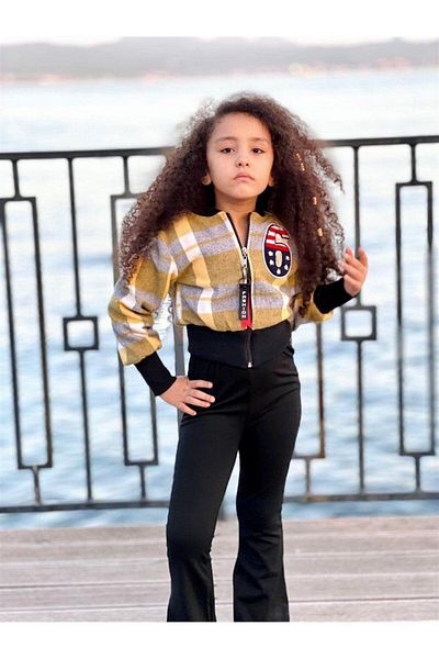 Hilal Akıncı Kids Girl's 6 Printed Lined Coat Black Spaghetti Trousers 2-Piece Set