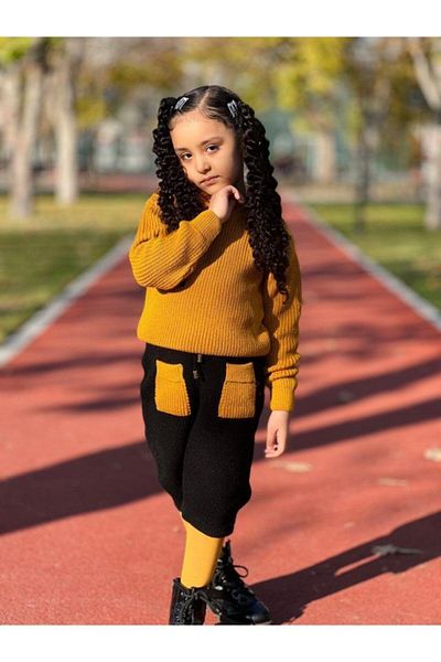 Hilal Akıncı Kids Girl's Hooded Knitwear Sweatshirt Colorful Pocket Skirt 3 Piece Set