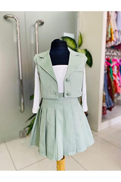 Hilal Akıncı Kids Vestă căptușită cu nasturi acoperite cu țesătură pentru fete Fusta plisată Badi albă Set de 3 piese