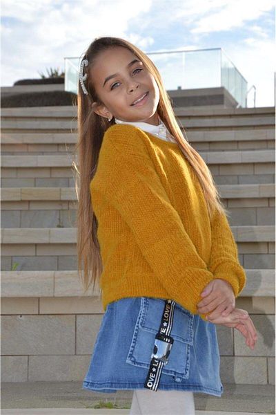 Hilal Akıncı Kids Girl's Crew Neck Knitwear Sweater White Shirt Pocket Denim Skirt Triple Set