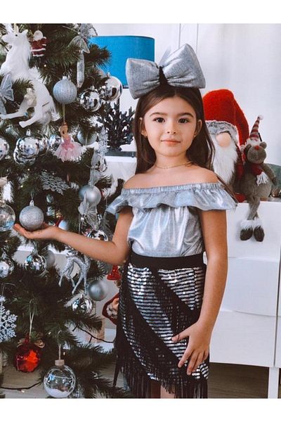 Hilal Akıncı Kids Girl's Gray Blouse Fringed Skirt Crown Set