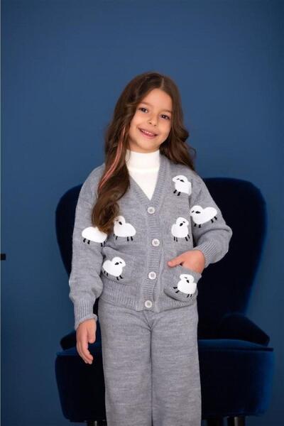 Hilal Akıncı Kids Tricotaj pentru fetiță, brodate de miel, cardigan, tricotaj cu picioare largi, pantaloni