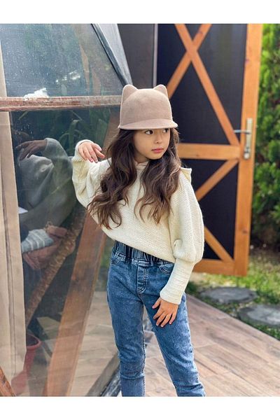 Hilal Akıncı Kids Girl's Hooded Knitwear Sweatshirt Jeans Pants Set of 2