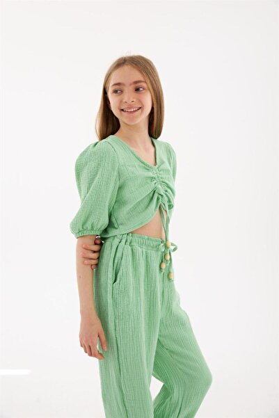 Hilal Akıncı Kids Bluză cu detaliu cu șnur pentru fete, pantaloni harem cu talie elastică, set de 2 piese