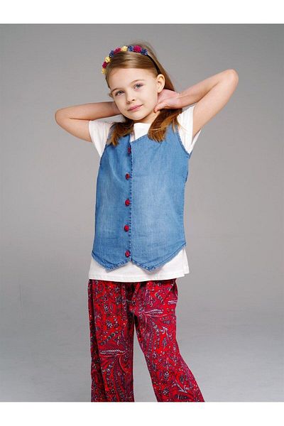 Hilal Akıncı Kids Girl's Patterned Wide Leg Pants Jeans Vest Double Set