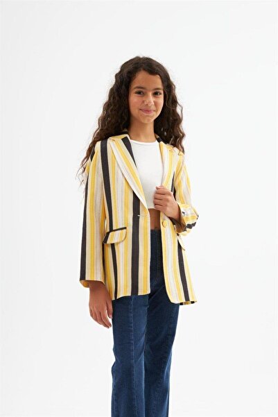 Hilal Akıncı Kids Kız Çocuk Renkli Çizgili Logo Detaylı Blazer Ceket