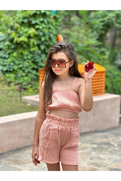 Hilal Akıncı Kids Girl's Strappy Crop Blouse, Elastic Waist Detailed Shorts and Comfortable Fit Shirt 3-Piece Set