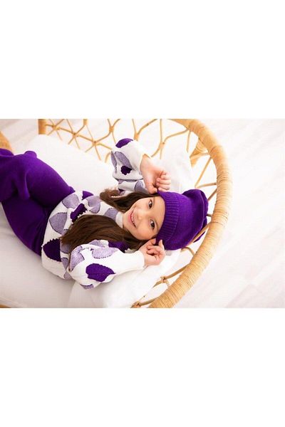 Hilal Akıncı Kids Girl's Heart Model Bead Detailed Sweater Knitwear Trousers Beret 3-Piece Set