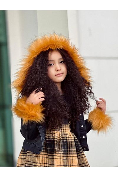 Hilal Akıncı Kids Black Sheepskin Denim Jacket and Red Salopet Skirt for Girl - Lumberjack Fabric 3-Piece Set