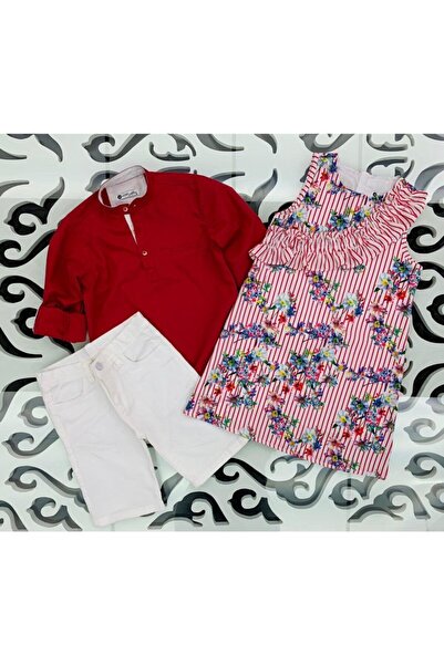 Hilal Akıncı Kids Kız Erkek Kombin Kırmızı Gömlek Kapri 2'li Takım