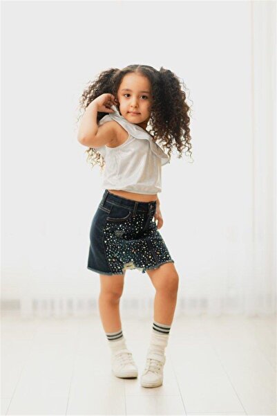 Hilal Akıncı Kids Bluză cu un singur umăr cu puncte argintii pentru fete, cu detaliu de piatră, fustă din denim Set dublu