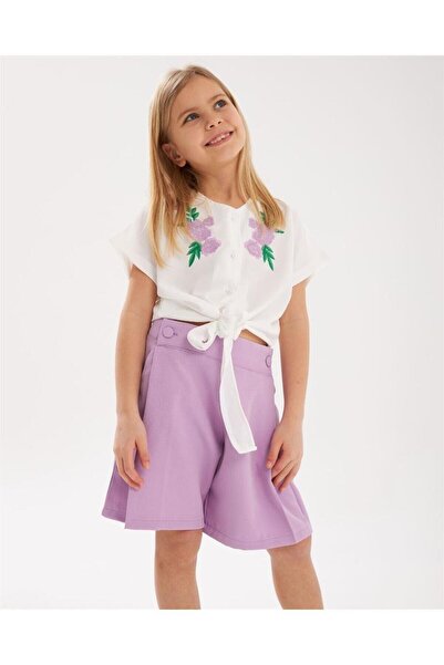 Hilal Akıncı Kids Kız Çocuk Nakış Detaylı Önü Bağlamalı Beyaz Gömlek Cepli Şort 2'li Takım